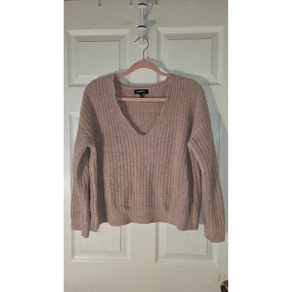 Express Womens Mauve Pink Chenille V-Neck Ribbed Knit Pullover Sweater Size M